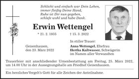 Traueranzeige Erwin Wettengel