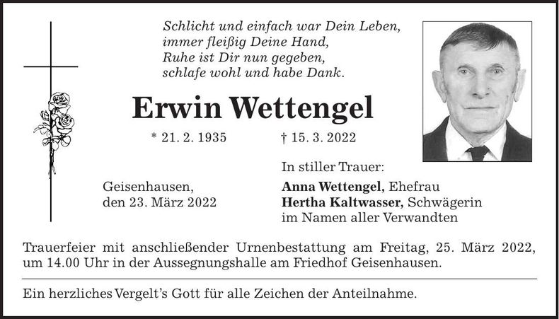 Traueranzeige Erwin Wettengel