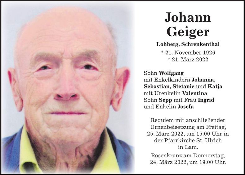 Traueranzeige Johann Geiger