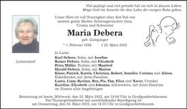 Traueranzeige Maria Debera