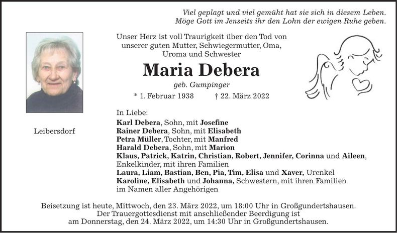 Traueranzeige Maria Debera