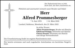 Traueranzeige Alfred Prommesberger