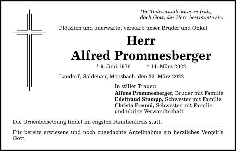 Traueranzeige Alfred Prommesberger