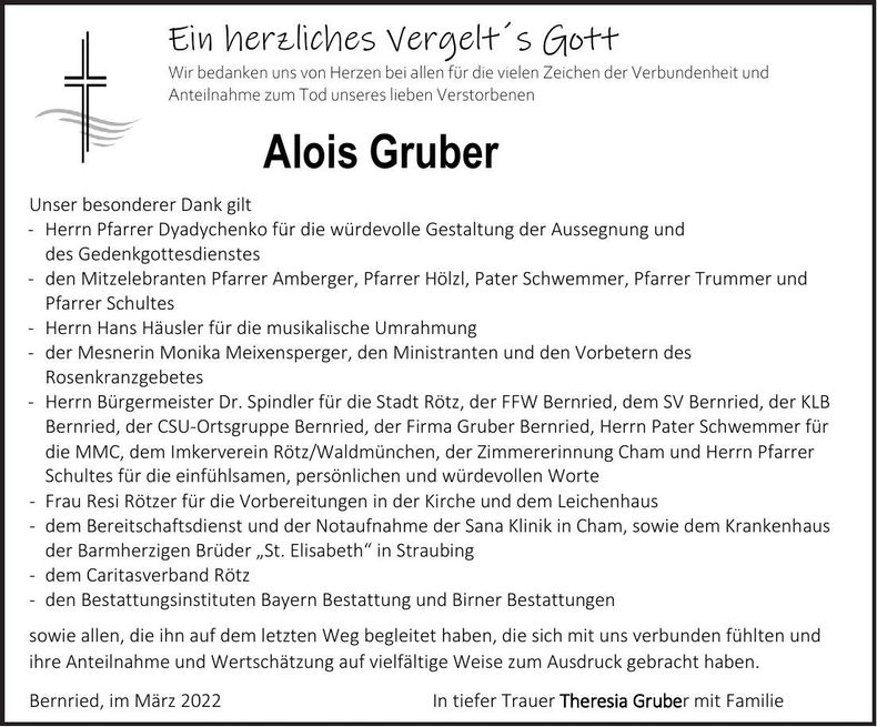 Traueranzeige Alois Gruber
