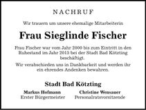 Traueranzeige Sieglinde Fischer