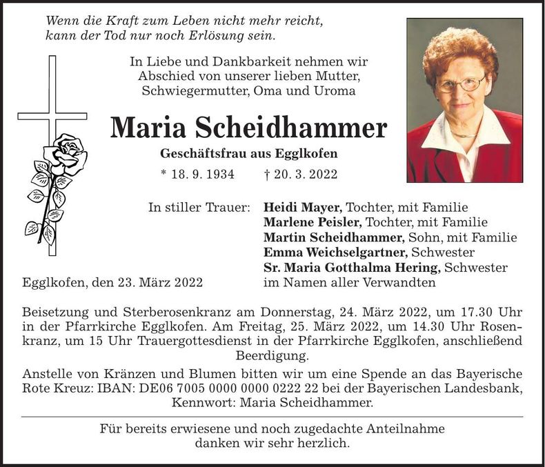 Traueranzeige Maria Scheidhammer