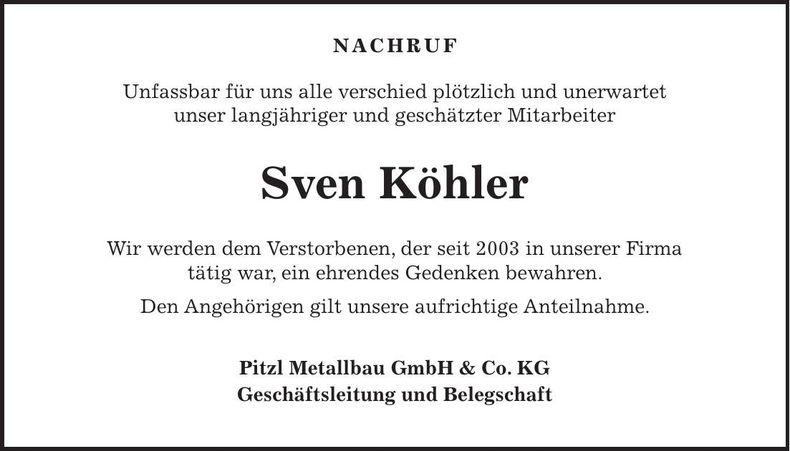 Traueranzeige Sven Köhler
