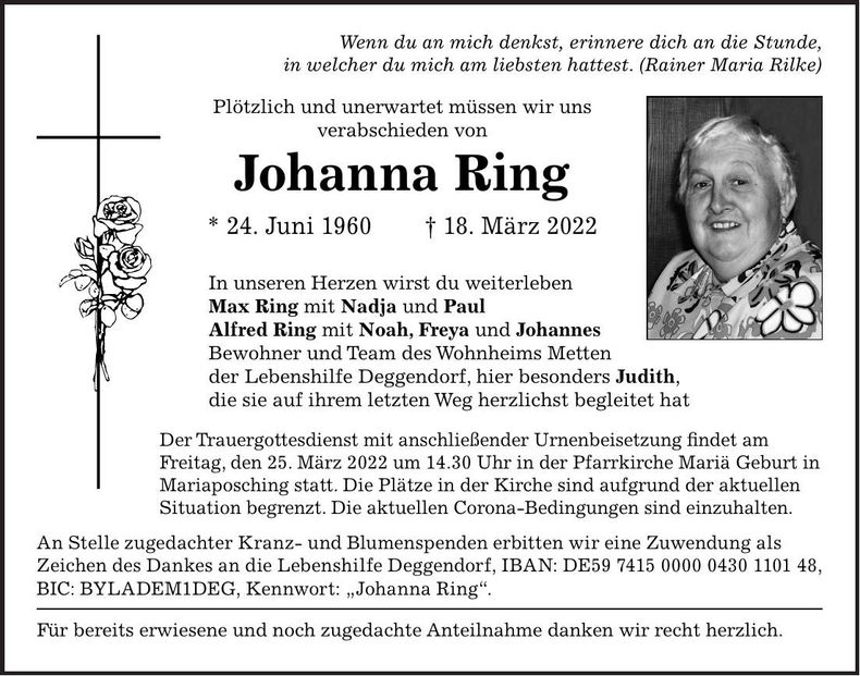 Traueranzeige Johanna Ring