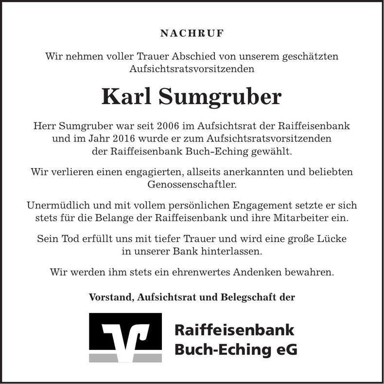 Traueranzeige Karl Sumgruber