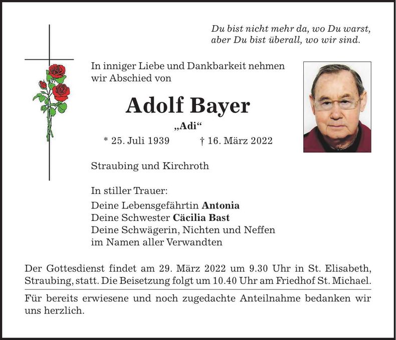 Traueranzeige Adolf Bayer