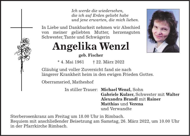 Traueranzeige Angelika Wenzl