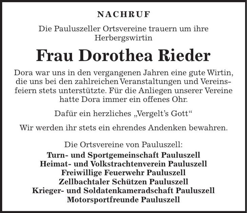 Traueranzeige Dorothea Rieder