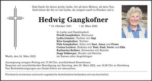 Traueranzeige Hedwig Gangkofner