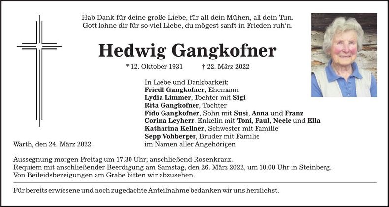 Traueranzeige Hedwig Gangkofner