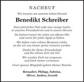 Traueranzeige Benedikt Schreiber