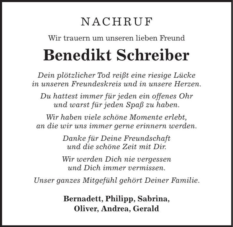 Traueranzeige Benedikt Schreiber