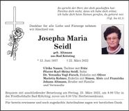 Traueranzeige Josepha Maria Seidl