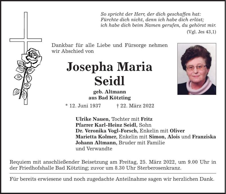 Traueranzeige Josepha Maria Seidl