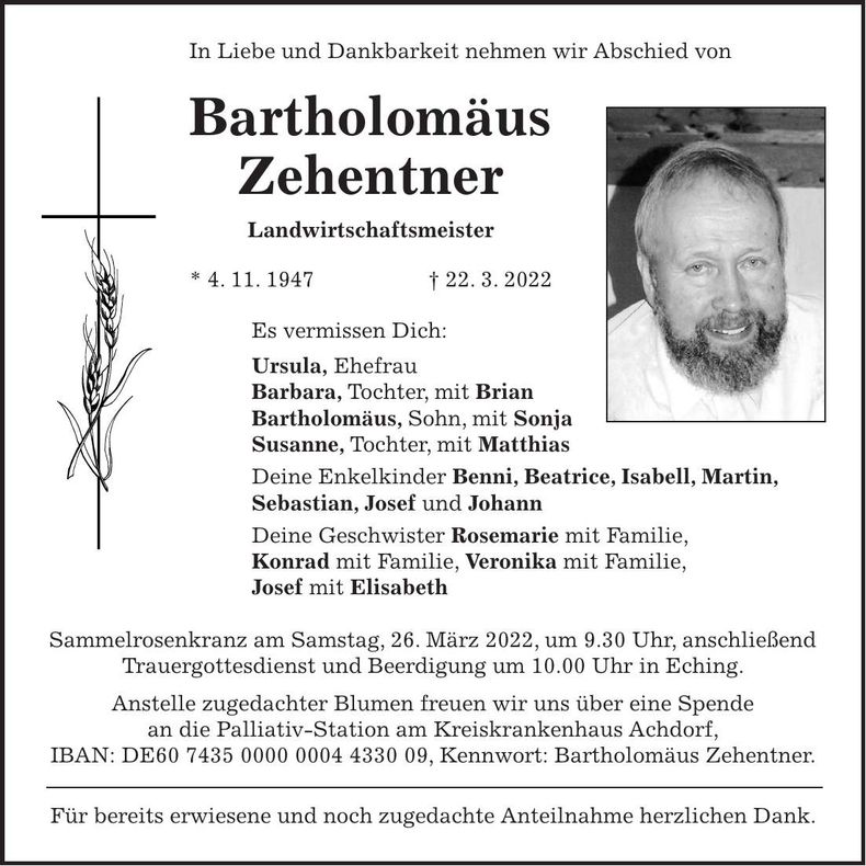Traueranzeige Bartholomäus Zehentner