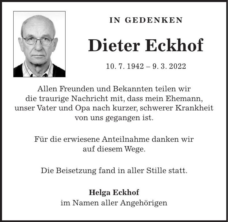 Traueranzeige Dieter Eckhof