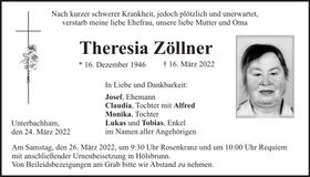 Traueranzeige Theresia Zöllner