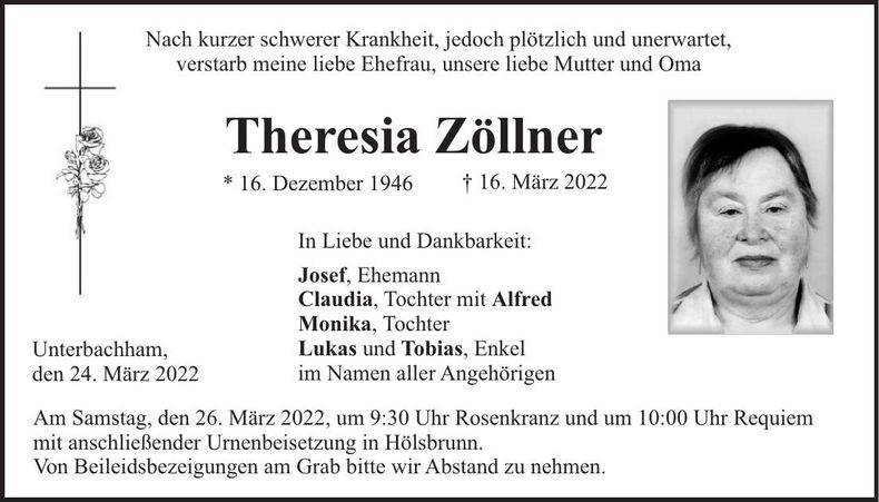 Traueranzeige Theresia Zöllner