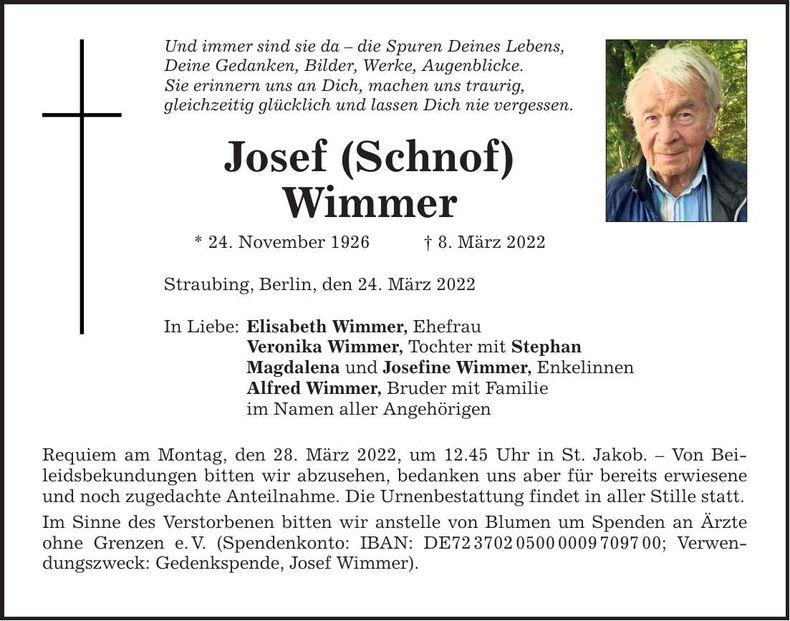 Traueranzeige Josef Wimmer