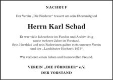 Traueranzeige Karl Schad