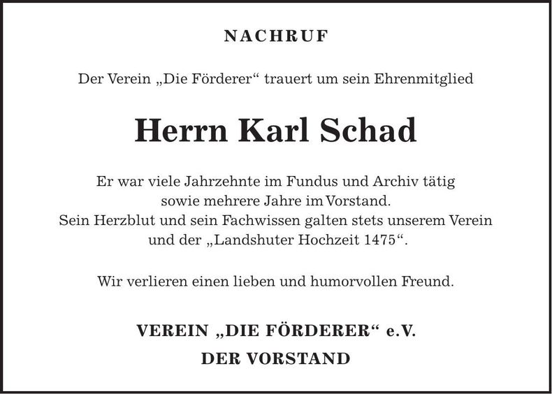 Traueranzeige Karl Schad