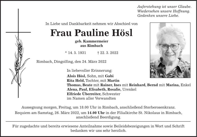 Traueranzeige Pauline Hösl