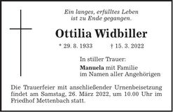 Traueranzeige Ottilia Widbiller