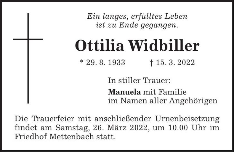Traueranzeige Ottilia Widbiller
