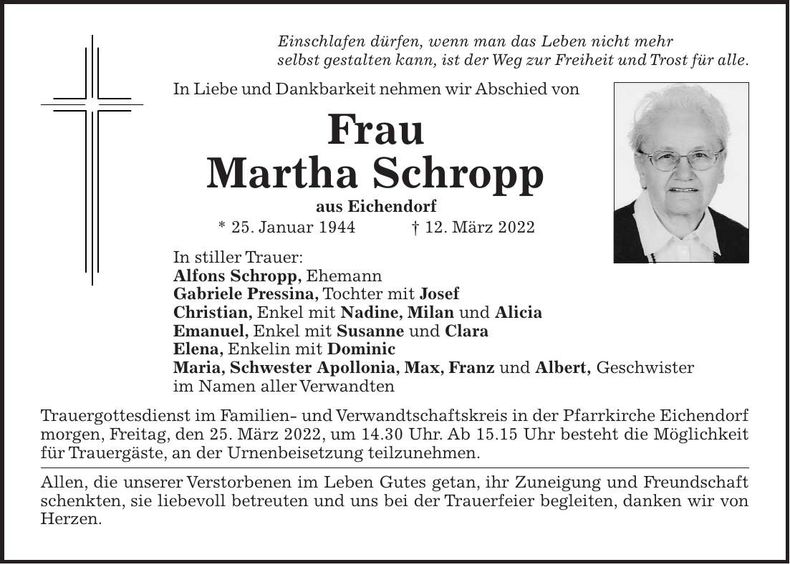 Traueranzeige Martha Schropp