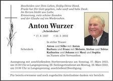 Traueranzeige Anton Wurzer