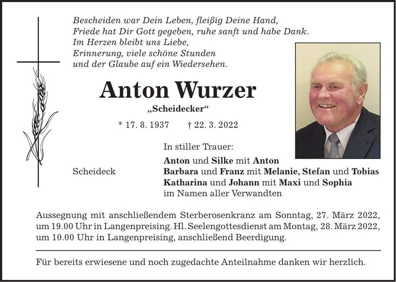 Traueranzeige Anton Wurzer
