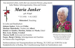Traueranzeige Maria Janker