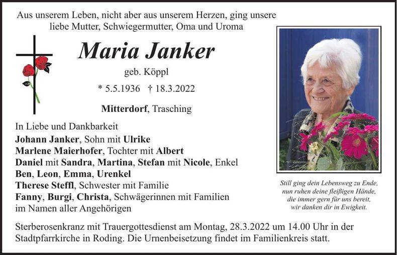 Traueranzeige Maria Janker