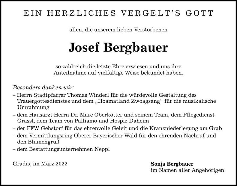 Traueranzeige Josef Bergbauer