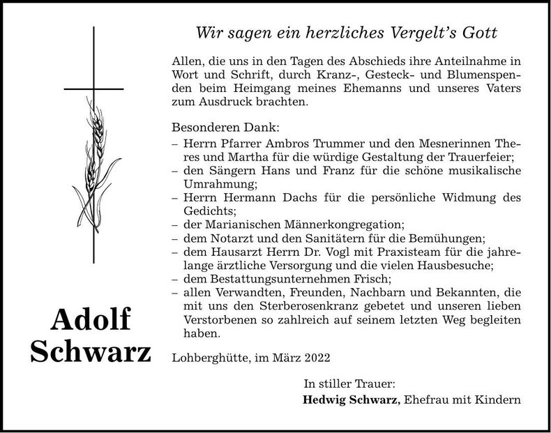 Traueranzeige Adolf Schwarz