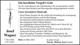 Traueranzeige Josef Wagner
