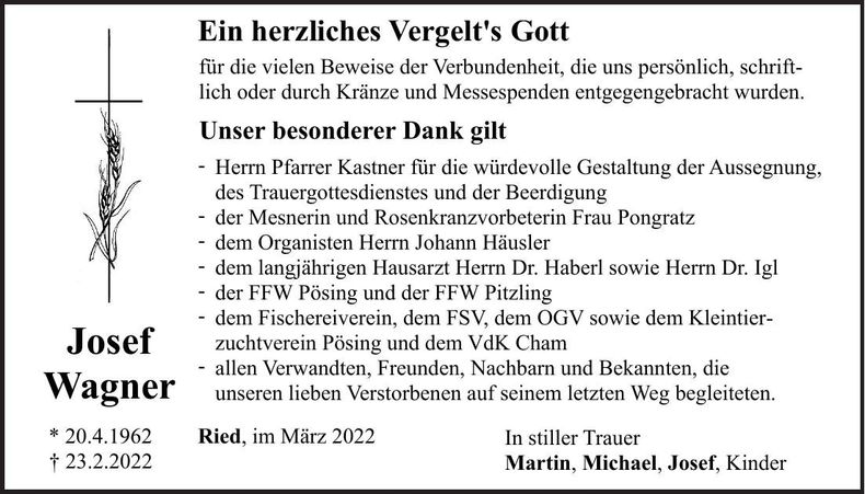 Traueranzeige Josef Wagner