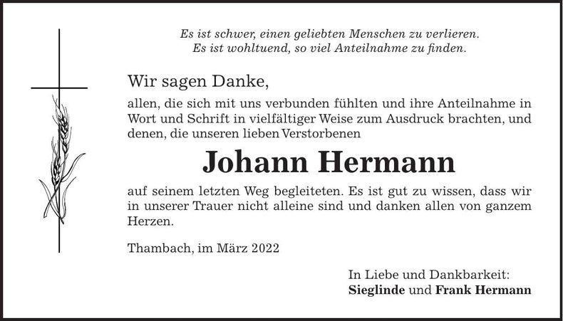 Traueranzeige Johann Hermann