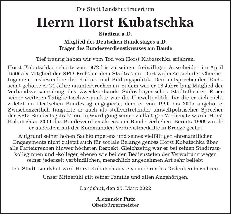 Traueranzeige Horst Kubatschka