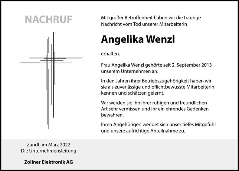 Traueranzeige Angelika Wenzl