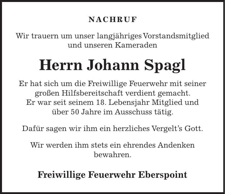 Traueranzeige Johann Spagl