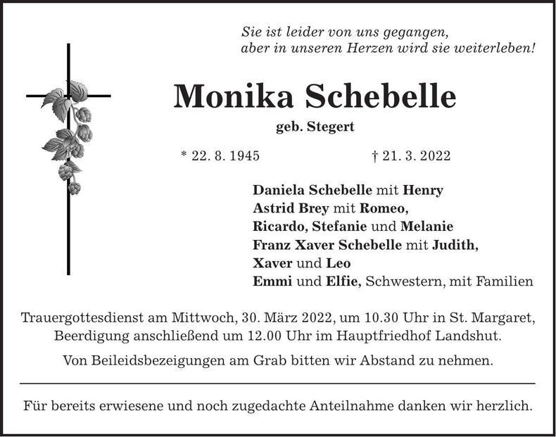 Traueranzeige Monika Schebelle