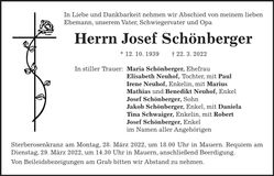 Traueranzeige Josef Schönberger