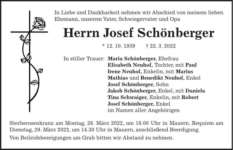 Traueranzeige Josef Schönberger