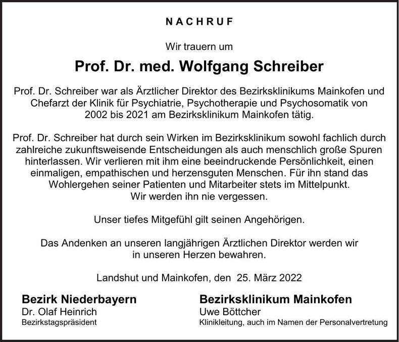 Traueranzeige Wolfgang Schreiber