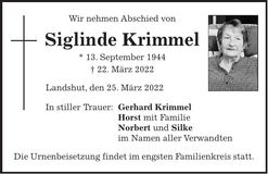 Traueranzeige Siglinde Krimmel